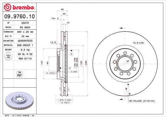 Диск тормозной BREMBO 09.9760.10
