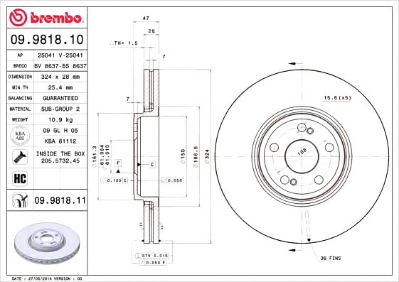 Фото диск тормозной BREMBO 09.9818.10 BREMBO (Германия) 09.9818.10 BREMBO (Германия) Диск тормозной BREMBO