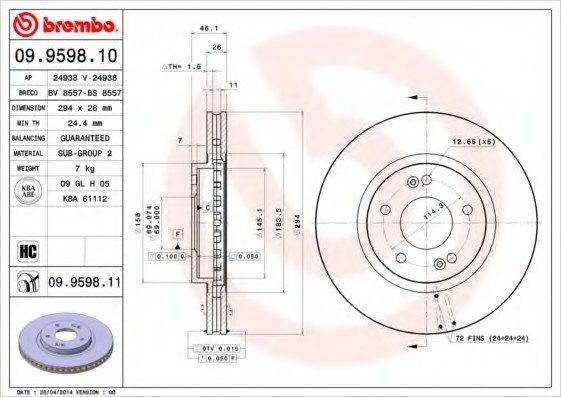 09.9598.11 BREMBO (Германия) Диск тормозной BREMBO