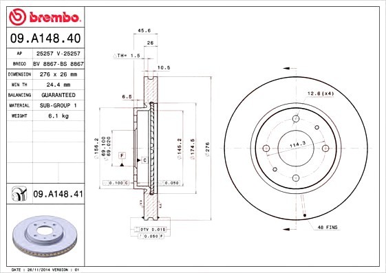 09.A148.41 BREMBO (Германия) Диск гальмівний BREMBO