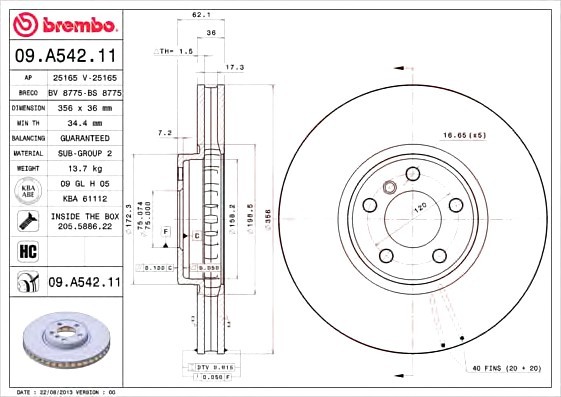 09.A542.11 BREMBO (Германия) Диск гальмівний BREMBO