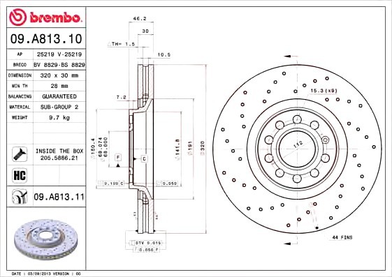 09.A813.11 BREMBO (Германия) Диск тормозной BREMBO