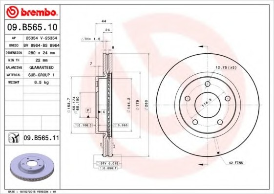 09.B565.10 BREMBO (Германия) Гальмівний диск BREMBO