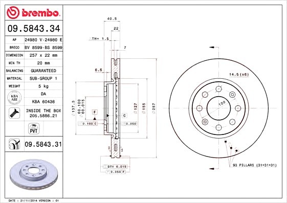 09.5843.34 BREMBO (Германия) Диск гальмівний BREMBO