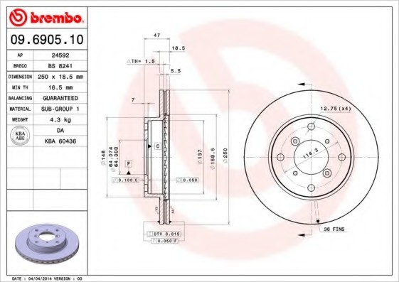 09.6905.10 BREMBO (Германия) Диск тормозной BREMBO