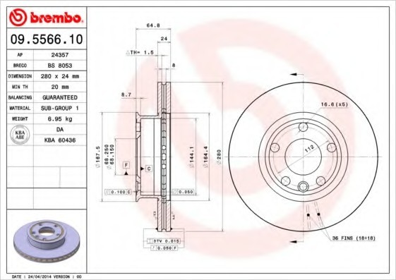 09.5566.10 BREMBO (Германия) Диск тормозной BREMBO