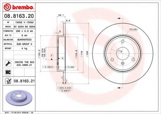 08.8163.21 BREMBO (Германия) Гальмівний диск BREMBO