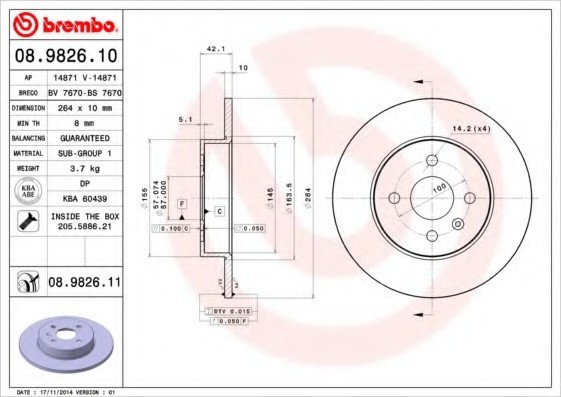 08.9826.10 BREMBO (Германия) Диск тормозной BREMBO