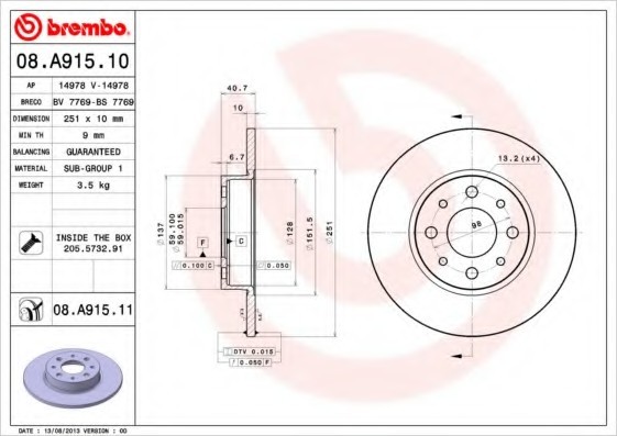 08.A915.11 BREMBO (Германия) Диск гальмівний BREMBO