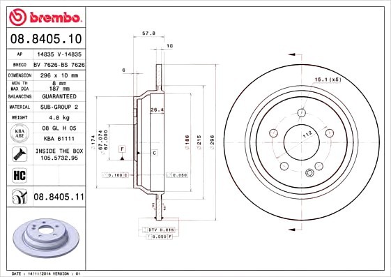 08.8405.10 BREMBO (Германия) Диск тормозной BREMBO