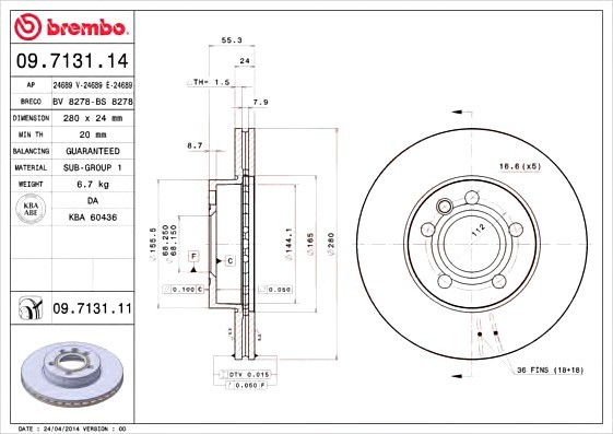 09.7131.14 BREMBO (Германия) Диск тормозной 09.7131.14 BREMBO