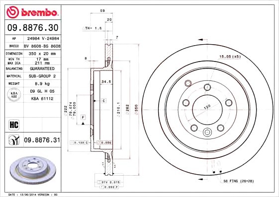 09.8876.31 BREMBO (Германия) Диск гальмівний 09.8876.31 BREMBO