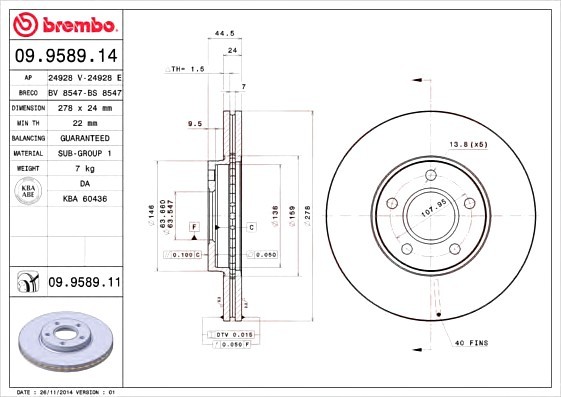 09.9589.14 BREMBO (Германия) Диск гальмівний 09.9589.14 BREMBO