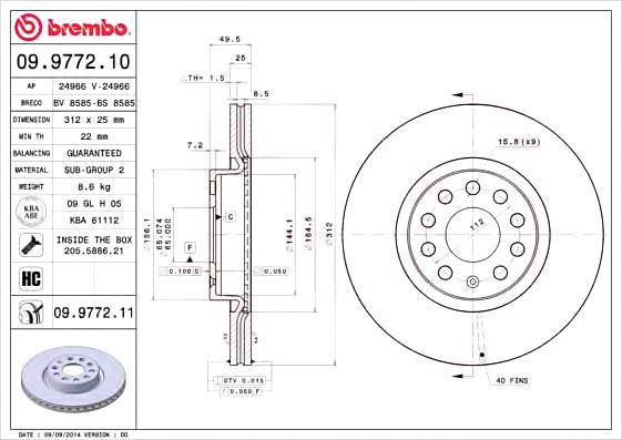 09.9772.10 BREMBO (Германия) Тормозной диск Brembo 09.9772.10