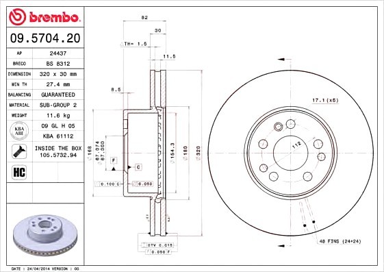 09.5704.20 BREMBO (Германия) Тормозной диск Brembo 09.5704.20