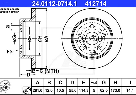 24011207141 Ate Диск тормозной задн, LEXUS: HS 250h 09- \ TOYOTA: RAV 4 III 2.0/2.0 4WD/2.0 VVT-i/2.0 VVT-i 4WD/2.2 24011207141 ATE