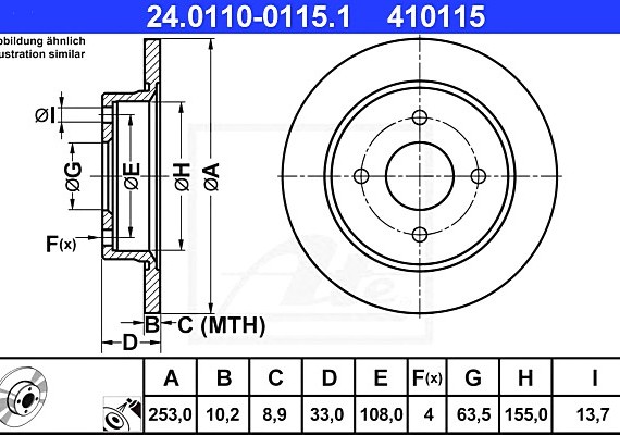 24011001151 Ate Диск тормозной задн, FORD: FIESTA V ST150 01-, FOCUS 1.4 16V/1.6 16V/1.8 16V/1.8 DI/ TDDi/1.8 TDCi/1 24011001151 ATE