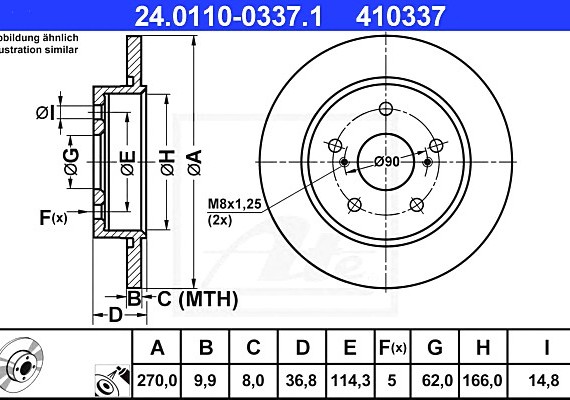 24011003371 Ate Диск тормозной задн, TOYOTA: AURIS 1.33 Dual-VVTi/1.4 D-4D/1.4 VVTi/1.6/1.6 VVTi/1.8/1.8 4WD/1.8 VVT 24011003371 ATE