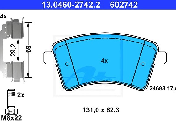 Колодки тормозные дисковые передн, MERCEDES-BENZ: CITAN Combi 108 CDI/109 CDI 12-, CITAN Mixto 109 C 13046027422 ATE
