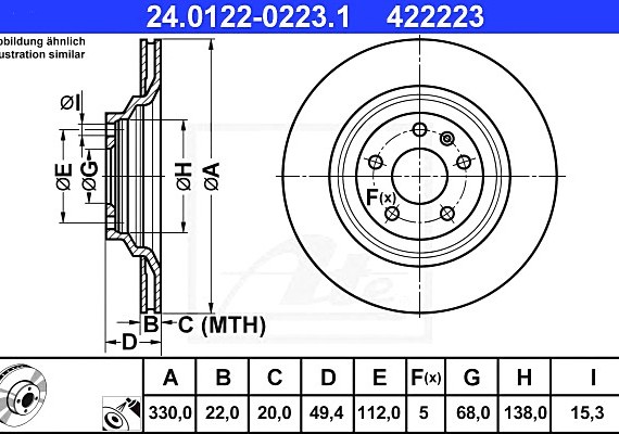 24012202231 Ate Диск тормозной задн, AUDI: A6 2.0 TDI/2.0 TFSI/2.4/2.4 quattro/2.7 TDI/2.7 TDI quattro/2.8 FSI/2.8 F 24012202231 ATE