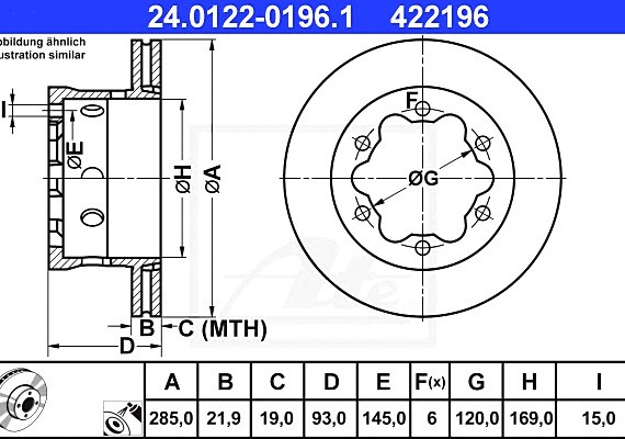 24012201961 Ate Диск тормозной задн, MERCEDES-BENZ: SPRINTER 4-t c бортовой платформой 408 CDI/408 D/410 D/410 D 4x4 24012201961 ATE