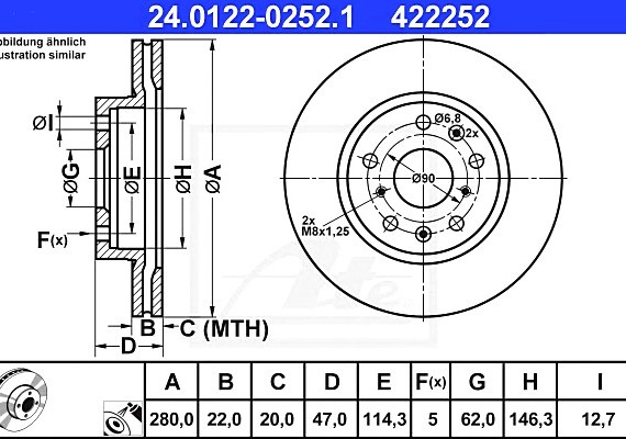 24012202521 Ate Диск тормозной передн, FIAT: SEDICI 1.6 16V/1.6 16V 4x4/1.9 D Multijet/1.9 D Multijet 4x4/2.0 D Mult 24012202521 ATE