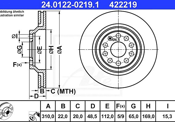 24012202191 Ate Диск тормозной задн, AUDI: A3 3.2 V6 quattro/S3 quattro 03-12, A3 1.2 TFSI/1.4 TFSI/1.6 TDI/1.8 TFSI 24012202191 ATE