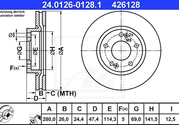 24012601281 Ate Диск тормозной передн, HYUNDAI: COUPE 1.6 16V/2.0/2.0 GLS/2.7 V6 01-09, SONATA V 2.4 05-, TIBURON ку 24012601281 ATE