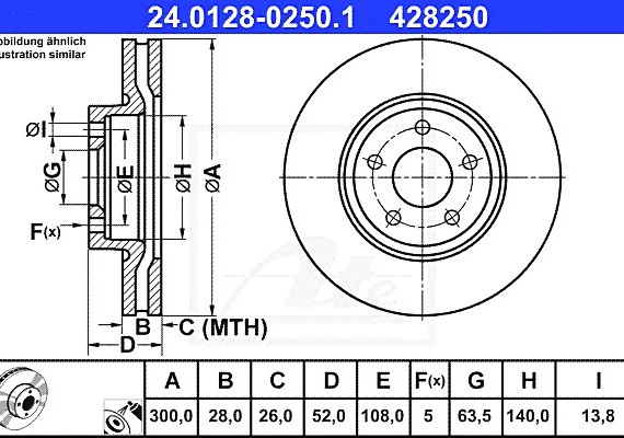 24012802501 Ate Диск тормозной передн, FORD: MONDEO IV 1.6 EcoBoost/1.6 TDCi/1.6 Ti/1.8 TDCi/2.0/2.0 EcoBoost/2.0 Fl 24012802501 ATE