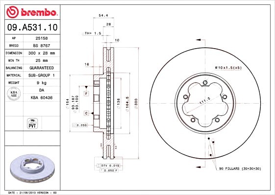 09A53110 BREMBO (Германия) Диск тормозной передн FORD: TRANSIT TOURNEO 06-, TRANSIT c бортовой платформой/ходовая часть 06-, TR 09A53110 BREMBO