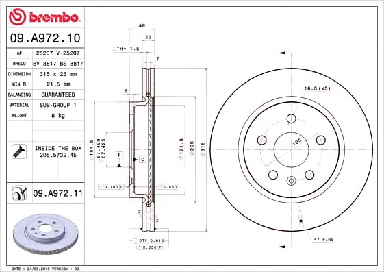 09A97210 BREMBO (Германия) Диск тормозной задн, OPEL: INSIGNIA 1.4/1.4 LPG/1.6/1.6 SIDI/1.6 Turbo/1.8/2.0 Biturbo CDTI/2.0 Bitu 09A97210 BREMBO