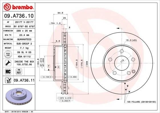 09A73611 BREMBO (Германия) Диск гальмівний передній вентильований MERCEDES-BENZ C CLASS T-Model (S204) (08/07-) F 09A73611 BREMBO