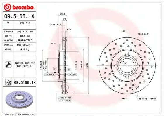 0951661X BREMBO (Германия) Диск гальмівний перед SEAT: AROSA 00-04, CORDOBA 93-99, CORDOBA Vario 97-, CORDOBA хечбек 99-02, IBIZ 0951661X BREMBO