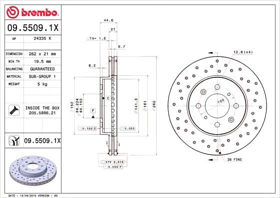 0955091X BREMBO (Германия) Диск гальмівний HONDA: CIVIC IV Hatchback 1.6 i 16V Vtec 87-93, CIVIC V Hatchback 1.6 16V Vtec/1.6 VT 0955091X BREMBO