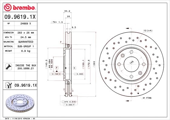 0996191X BREMBO (Германия) Диск тормозной передн, CITROEN: C4 04-, C4 купе 04-, C5 01-04, C5 04-, C5 Break 01-04, C5 Break 04-, 0996191X BREMBO