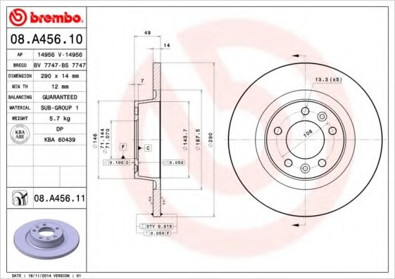 08A45610 BREMBO (Германия) Диск гальмівний задній CITROEN: JUMPY 07-, JUMPY фургон 07-, FIAT: SCUDO 07-, SCUDO з бортової платформ 08A45610 BREMBO