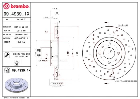 0949391X BREMBO (Германия) 09.4939.1x_диск тормозной передний! перфор. xtra alfa romeo 155, fiat croma 2.0t2.5tdi 92> 0949391X BREMBO