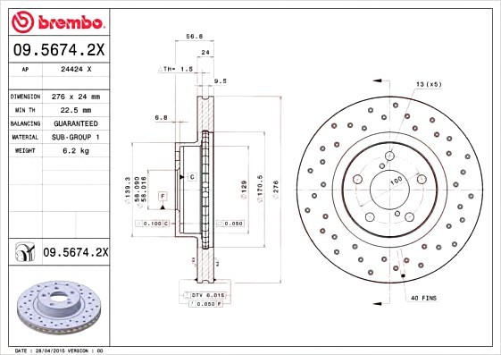 0956742X BREMBO (Германия) 09.5674.2x_диск тормозной передний! перфорированный xtrasubaru foresterimprezalegacy 92> 0956742X BREMBO