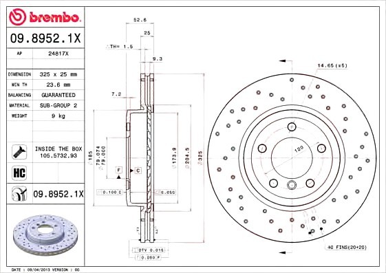 0989521X BREMBO (Германия) 09.8952.1X_диск тормозной передний! перфорированный Xtra \ BMW E46/E85 3.0 M54/M57 00> 0989521X BREMBO