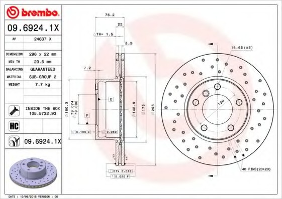 0969241X BREMBO (Германия) 09.6924.1X_диск тормозной передний! перфорированный Xtra \ BMW E39 2.0-3.5 M47-M62 95> 0969241X BREMBO