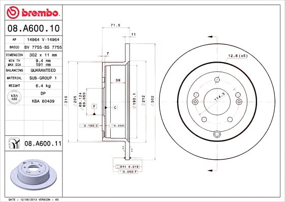 08A60011 BREMBO (Германия) Гальмівний диск BREMBO