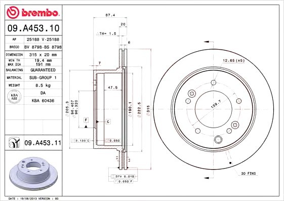 09A45311 BREMBO (Германия) 09.A453.11_диск тормозной задний! с покрытием \ KIA Sorento 2.4/3.5/2.5CRDi 02> 09A45311 BREMBO