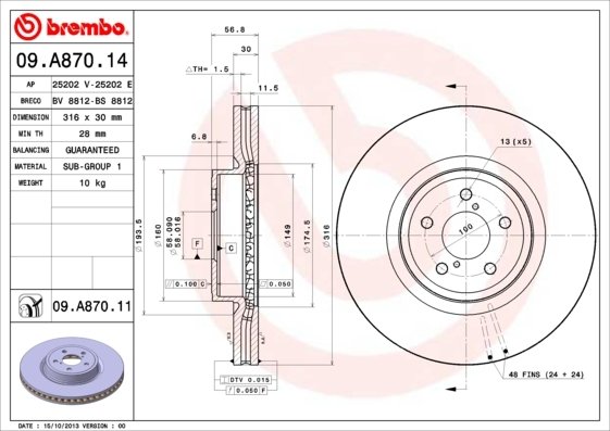 09A87011 BREMBO (Германия) Диск гальмівний SUBARU LEGACY 2.0-3.0 03-/OUTBACK 3.6 09- передній вент.D=316мм. 09A87011 BREMBO