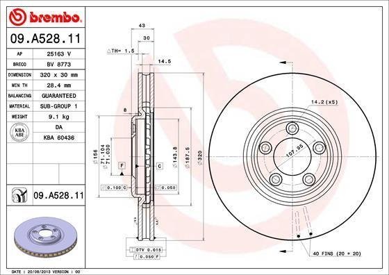 09A52811 BREMBO (Германия) 09.A528.11_диск тормозной передний! \ Jaguar S-Type/XJ 2.5-3.0 V6/2.7D 06> 09A52811 BREMBO