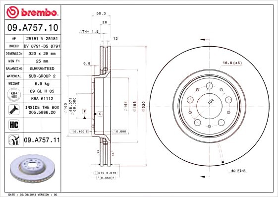 09A75711 BREMBO (Германия) Диск гальмівний VOLVO S60 01-/S80 98-06/V70/XC70 01- передній вент.D=320мм. 09A75711 BREMBO