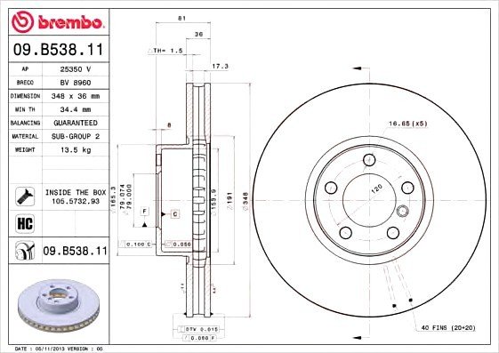 09B53811 BREMBO (Германия) 09.B538.11_диск тормозной передний! с покрытием \ BMW E65/E66/E67 7.5 05> 09B53811 BREMBO