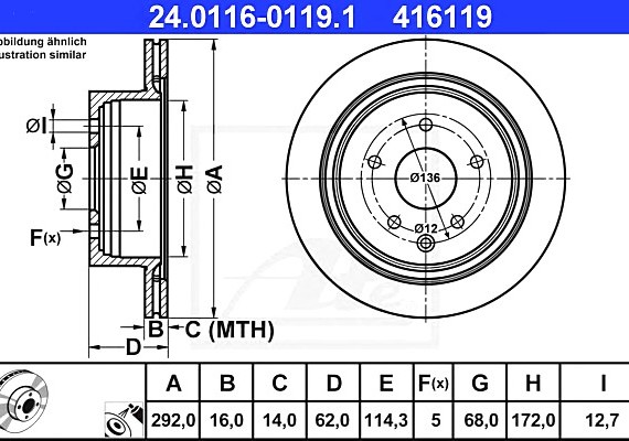 24011601191 Ate 24.0116-0119.1_диск тормозной задний! \ Nissan X-Trail 2.0/2.5/2.2DCi 01> 24011601191 ATE