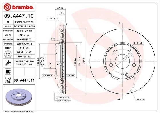 09A44711 BREMBO (Германия) 09.A447.11_диск тормозной передний! с покрытием \ MB W211 2.4-3.2CDi 03> 09A44711 BREMBO