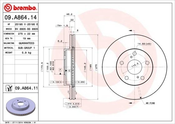 09A86414 BREMBO (Германия) Диск гальм. toyota auris nre15_, zze15_, ade15_, zre15_, nde15_ 1006=> 09A86414 BREMBO