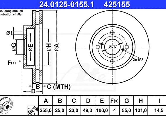 24012501551 Ate 24.0125-0155.1_диск тормозной передний! \ Toyota Corolla 1.4-1.8 02> 24012501551 ATE